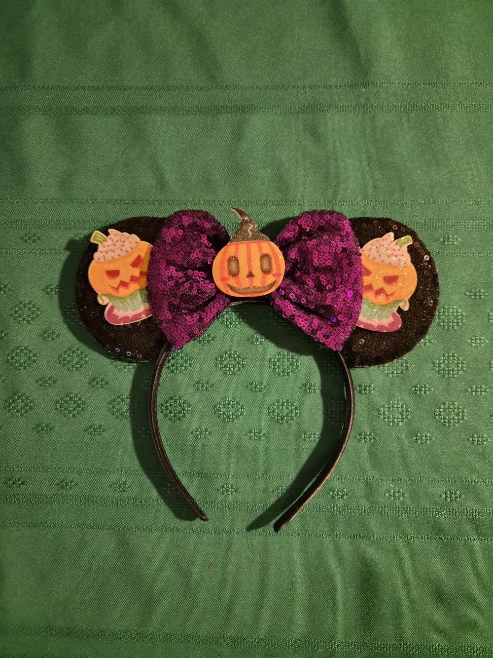 Halloween Pumpkin Sequin Mouse Ears Headband - Purple & Black